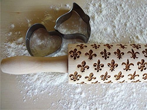 Rolling pin FLEUR DE LIS. Wooden embossing rolling pin with Oriental flowers. Embossed cookies. Pottery. Birthday gift. Gift for mother