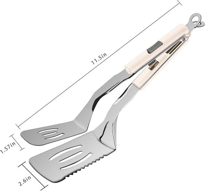 11.5-inch Stainless Steel Tongs for Cooking – Versatile Metal Spatula Tongs for Flipping, Picking Up, Cutting, and Stir-Frying Meats and Other Foods. Kitchen Tongs Durable and Multifunctional(White)