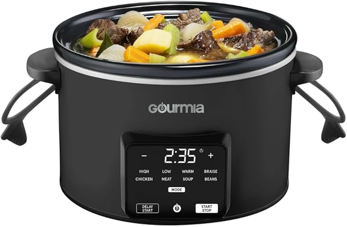 Gourmiia 4.5 Qt Programmable Slow Cooker with 5 Presets, Slow Cook, Digital Timer, Keep Warm Function, Nonstick Interior, Dishwasher Safe, Black