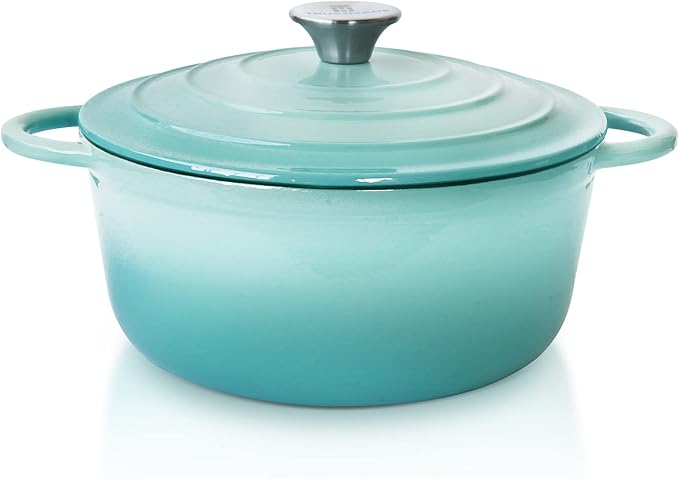 Trustmade 4.5 QT Cast Iron Dutch Oven, Enamel Coated Cookware Pot with Self Basting Lid for Home Baking, Braiser, Cooking, Aqua