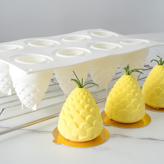 Pastry Tek 8 Cavities Pineapple Molds, 10 Oven-Ready Pineapple Jello Molds - Flexible, Freezable, White Silicone Tropical Fondant Molds, Easy Release, For Baking - Restaurantware