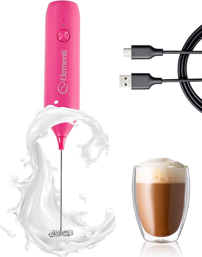 Elementi Pink Milk Frother Wand Rechargeable Drink Mixer - Powerful USB-C Rechargeable Frother & Coffee Stirrers Electric - Hand Held Whisk to Make Perfect Cappuccinos, Lattes & Drink Mixes at Home