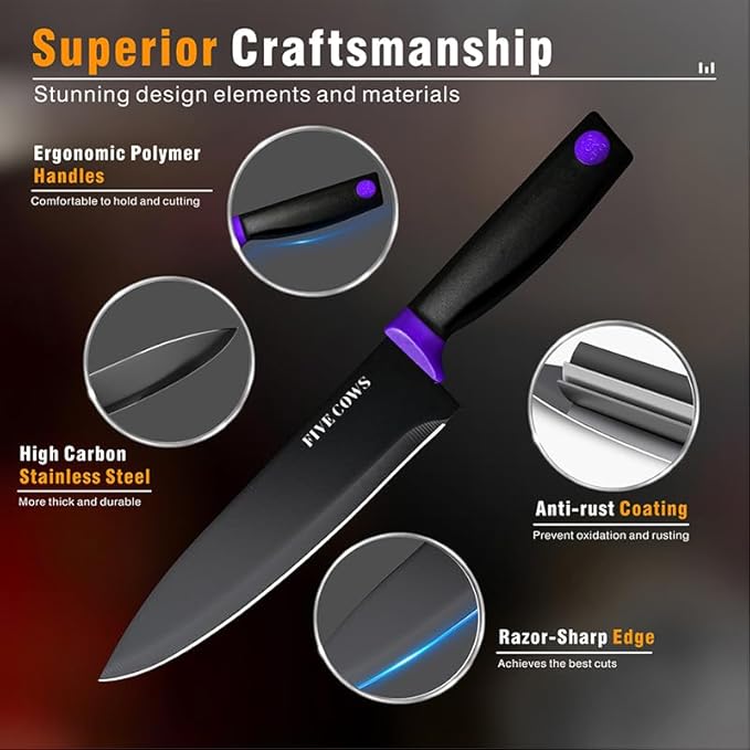 14 Pcs Kitchen Knife Block Set with Sharpener German High Carbon Stainless Steel Chef Knives, Razor-Sharp & Durable, Lightweight Anti-Slip Handle, Professional Set for Home & Kitchen (Purple)