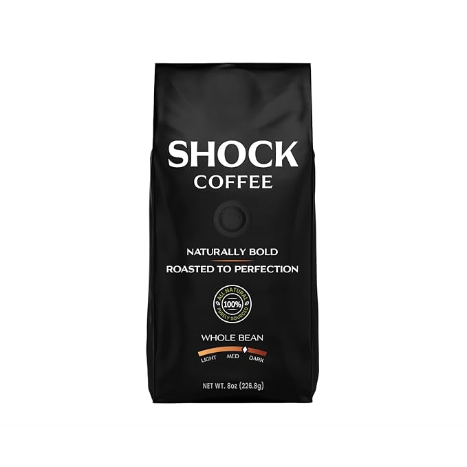 Shock Coffee Naturally Bold | Extra High Caffeine Strong Coffee | Medium Dark Roast Whole Bean | Premium Arabica | 8 ounce
