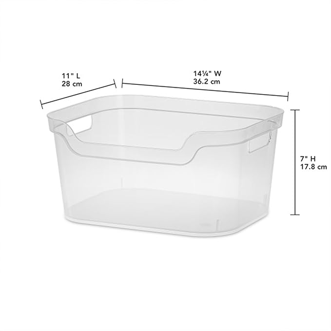 Sterilite 7 x 11 x 14.25 Inch Polished Open Scoop Front Storage Bin with Comfortable Carry Through Handles for Household Organization, Clear (12 Pack)