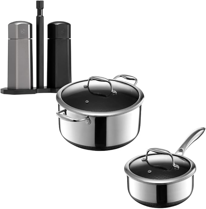 HexClad Hybrid Nonstick 7-Piece Cookware Set, 2Qt Pot with Lid, 8Qt Pot with Lid, and Tabletop Salt and Pepper Grinder Set, Stay-Cool Handles, Dishwasher and Oven-Safe, Induction Ready