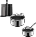 HexClad Hybrid Nonstick 7-Piece Cookware Set, 2Qt Pot with Lid, 8Qt Pot with Lid, and Tabletop Salt and Pepper Grinder Set, Stay-Cool Handles, Dishwasher and Oven-Safe, Induction Ready