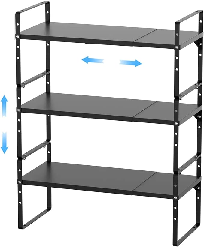 Expandable Kitchen Cabinet Shelf Organizers 3 Pack, Stackable Metal Pantry Storage Shelves Rack, Adjustable Counter Shelf for Cabinets, Countertop, Cupboard Organizers and Storage, Black