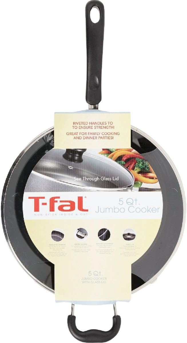 T-Fal Specialty Nonstick Saute Pan with Glass Lid 5 Quart, Oven Broiler Safe 350F, Cookware, Deep Frying Pan with Handle, Skillet, Kitchen, Pots and Pans, Dishwasher Safe, Black