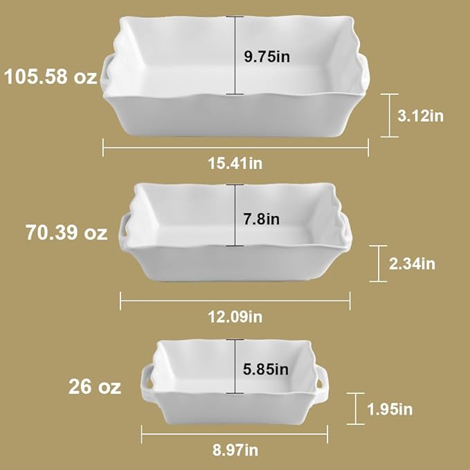 Sweejar Casserole Dishes for Oven, Ceramic Bakeware Set of 3, Rectangular Baking dish with Handles, Wave Edge Lasagna Pan Deep for Cooking, Cake, Dinner, Banquet and Daily Use (Beige)