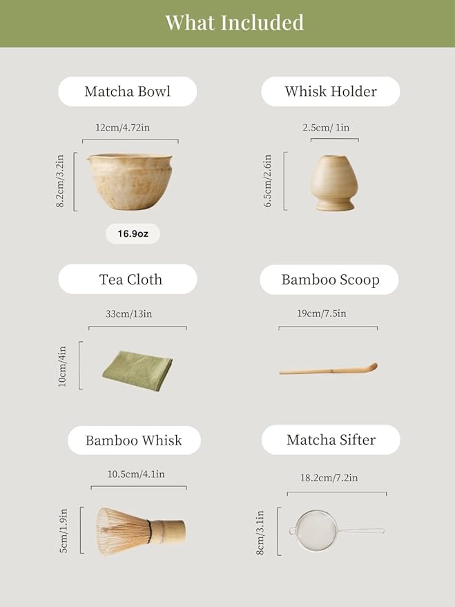 6-pcs Japanese Matcha Whisk Set with Handmade Wabi-Sabi Ceramic Bowl(Chawan),Bamboo Chasen, Whisk Holder, Scoop, Sifter & Tea Towel,Matcha Ceremony Kit,(Sandstone Reactive Glaze)