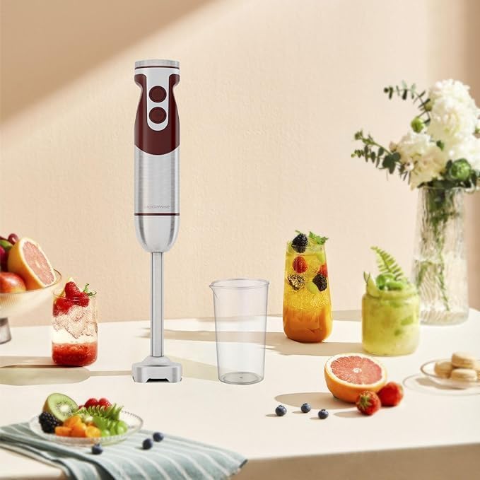 MegaWise Pro Titanium Reinforced 5-in-1 Immersion Hand Blender, Powerful Motor with 80% Sharper Blades, 12-Speed Corded Blender, Including 500ml Chopper, 600ml Beaker, Whisk and Milk Frother (Red)