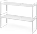 Nxconsu 2Pack Cabinet Shelf Organizer Expandable 5 Heights Adjustable Stackable Rack Riser for Kitchen Pantry Cupboard Under Sink Organization Storage Space Saver Heavy Duty Metal White
