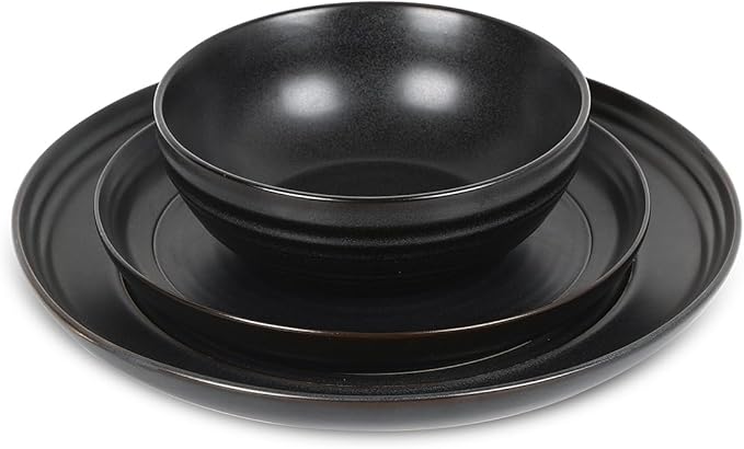 Stone Lain Elio 24-Piece Dinnerware Set Stoneware, Plates and Bowls Set, Dish Set for 8, Black
