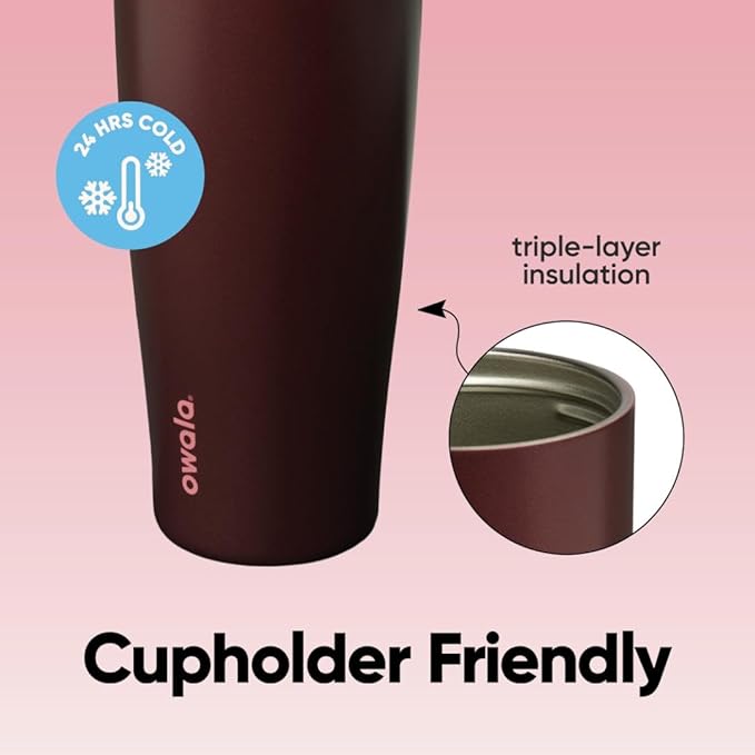 Owala FreeSip Tumbler Insulated Stainless Steel Water Bottle with Built-in Straw and Side Handle, For Travel, Work, School, and Sports, 40oz, BPA Free, Leak Proof, Black Cherry