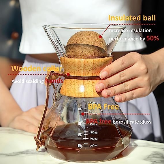 Pour Over Coffee Maker With Wood Sleeve，27oz/800mlPour Over Coffee Dripper,Pour Over Coffee Maker Set With Cork Stopper (27oz/800ml)