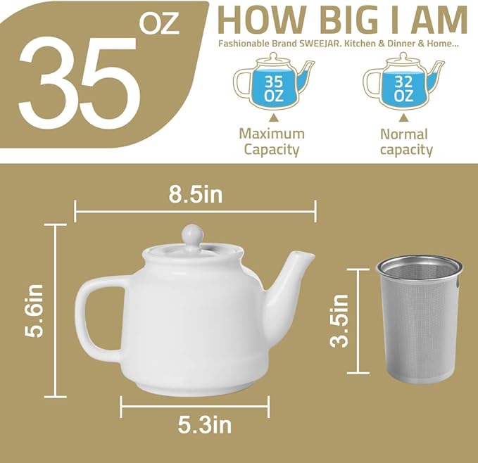 Sweejar 35 oz Porcelain Tea Pot, Teapot with Removable 18/8 Stainless Steel Infuser, Microwave & Dishwasher Safe Tea Maker, Tea Infuser Pots for Blooming loose Leaf Tea,Chrismas Women Gift(Purple)