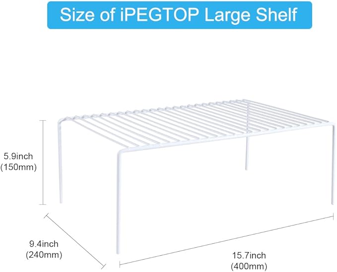 iPEGTOP Kitchen Cabinet Storage Shelf Rack, Set of 2 Large (15.7 x 9.4 Inch) Rustproof Metal Wire Shelves Spice Shelf Rack Cupboard Organizer for Pantries Countertops Utensils Organization, White