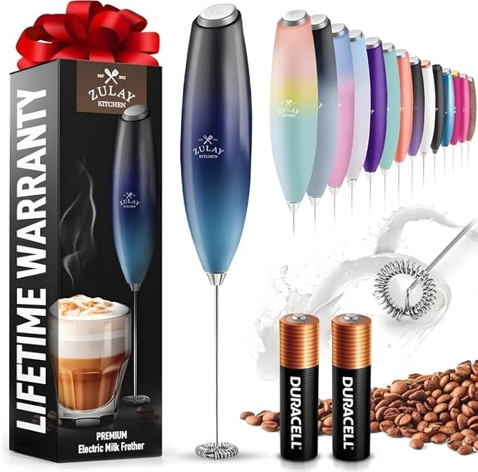 Zulay Kitchen Milk Frother Handheld Electric Whisk with AA Duracell Batteries – Durable Drink Mixer for Coffee, Lattes, Cappuccinos & More - Deep Sea