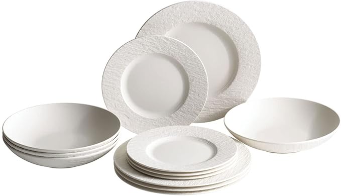 Villeroy & Boch Manufacture Rock Blanc 12-Piece Dinnerware Set, Service for 4, Dinner Plates, Salad Plates & Pasta Bowls, Premium Porcelain, Made in Germany, Matte White