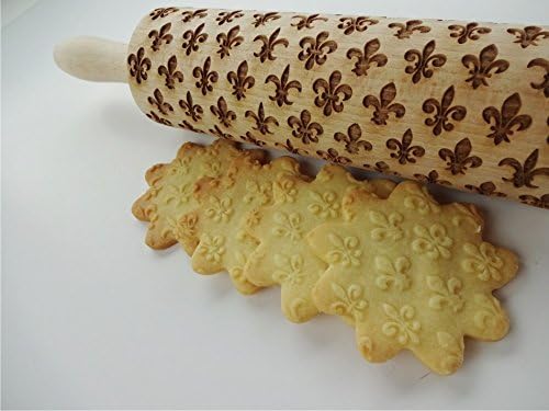Rolling pin FLEUR DE LIS. Wooden embossing rolling pin with Oriental flowers. Embossed cookies. Pottery. Birthday gift. Gift for mother