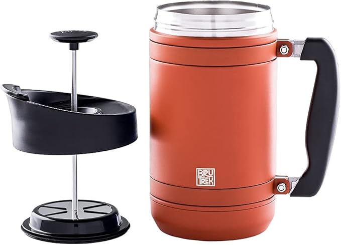BruTrek BaseCamp Coffee Press - Double Wall Insulated Stainless Steel - Bru-Stop Technology, No Grounds in Coffee, No Spill Lid (Red Rock, 32 fl.oz)