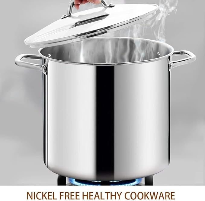 HOMICHEF 16 Quart LARGE Stock Pot with Glass Lid - NICKEL FREE Stainless Steel Healthy Cookware Stockpots with Lids 16 Quart - Mirror Polished Induction Cooking Pot