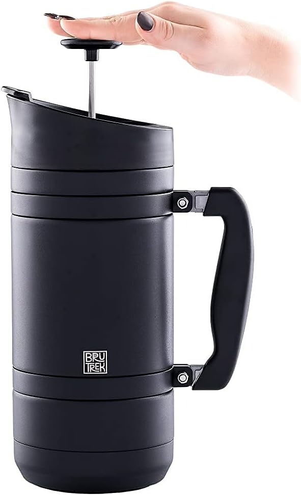 BruTrek BaseCamp Coffee Press - Double Wall Insulated Stainless Steel - Bru-Stop Technology, No Grounds in Coffee, No Spill Lid (Obsidian, 48 fl.oz)