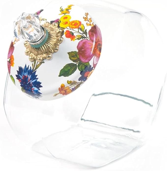 MACKENZIE-CHILDS Cookie Jar with Enamel Lid, Large Glass Treat Jar or Kitchen Jar, 1-Gallon Capacity, White Flower Market