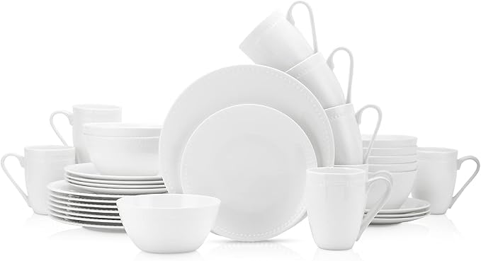 Stone lain Bone China Pinpoint Embossed 32 Piece Dinnerware Set, White