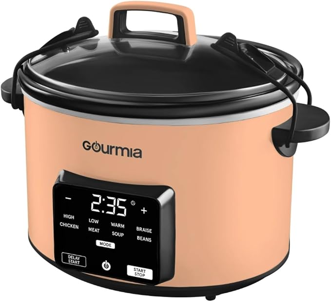 Gourmiia 4.5 Qt Programmable Slow Cooker with 5 Presets, Slow Cook, Digital Timer, Keep Warm Function, Nonstick Interior, Dishwasher Safe (Peach)