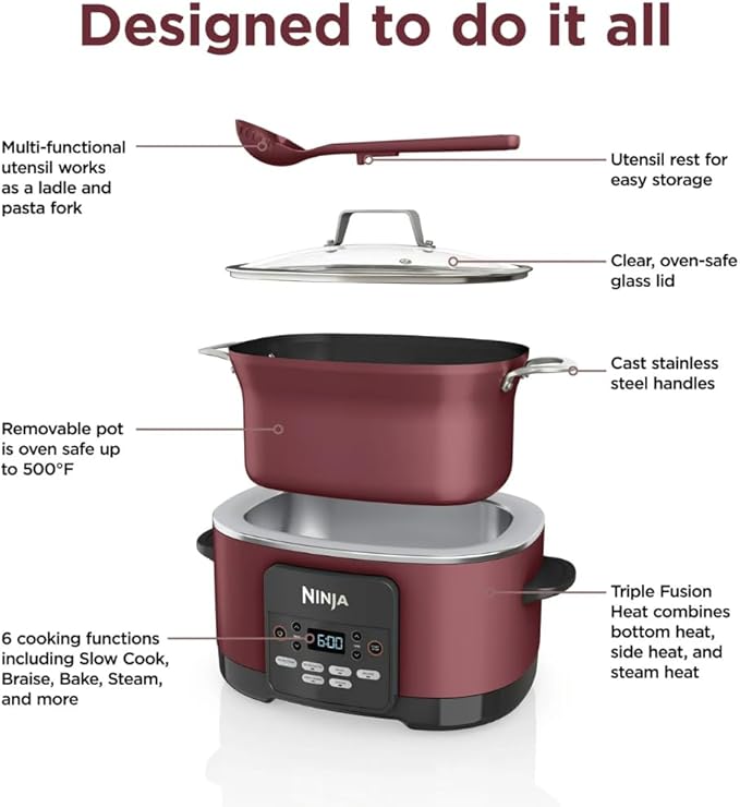 Slow Cooker, Ninja Foodi PRO Possible Cooker, 8.5-Qt, 6-in-1, Saut, Bake, Braise, Steam Functions, Triple Fusion Heat, Nonstick Oven Safe Pot, MC1000WM, Slow Cooker, Cherry Tarte