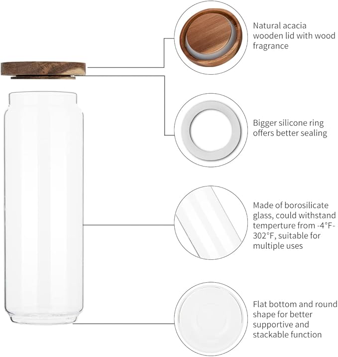 Glass Storage Jars with Wooden Lid Set of 3, 44 OZ High Borosilicate Glass Containers Kitchen Food Canisters s for Coffee Beans/Sugar/Noodles/Nuts/Cookies/Pasta