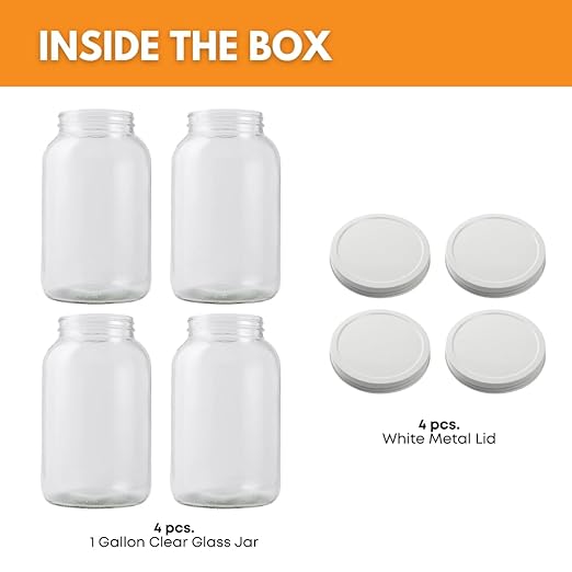 FastRack - One Gallon Wide Mouth Jar with White METAL Airtight Lid (Pack of 4) | Glass Canisters with Airtight Lids | Large Mouth Glass Jar with Fermentation Lid for brewing, fermentation and pickling