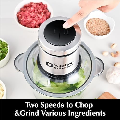 Kitchen in the box Food Processor, Electric Meat Grinder & Food Chopper with 400W Powerful Veggie Chopper-2 Bowls（8 Cup+8 Cup） & 2 Bi-Level Blades for Meat/Fish/Vegetable/Baby Food（Black Button）