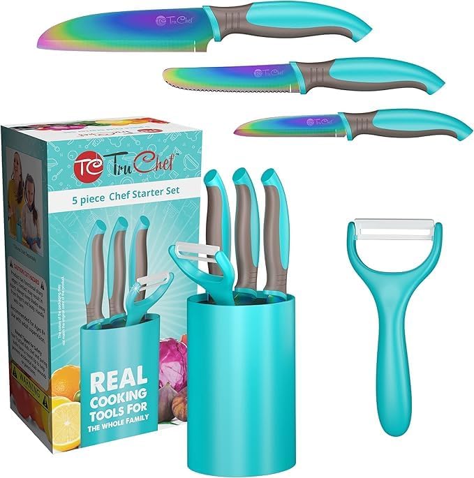 5-Piece Kids Cooking Chef Knife Set | Real Stainless Steel Knives with Peeler, Serrated Knife & Holder | Kids Safe Rounded Tips, Easy-Grip Handles | Kitchen Knife Set (5 pcs, Aqua)