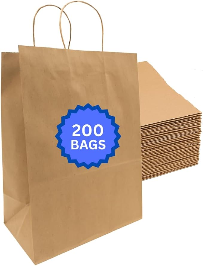 ASSUREPAK DIY Grocery Paper Bags - 200 units - 14"x10"x15.75" - Handle - Kraft Color - 74LB (110 GSM strong) - Recyclable Food & Supermarket Bags for Decorating & Branding - 141016NKPAPTHDL