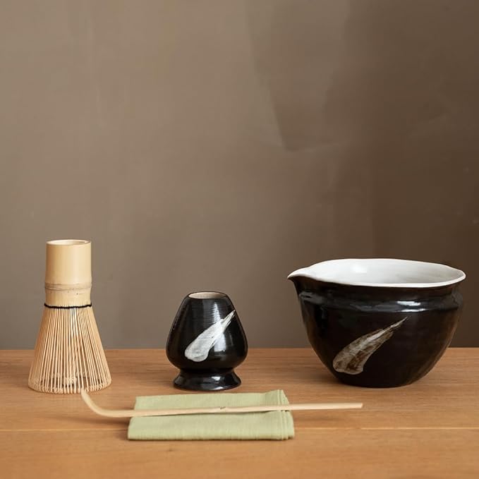 6-pcs Japanese Matcha Whisk Set with Handmade Wabi-Sabi Ceramic Bowl(Chawan),Bamboo Chasen, Whisk Holder, Scoop, Sifter & Tea Towel,Matcha Ceremony Kit,(Ink Cloud)