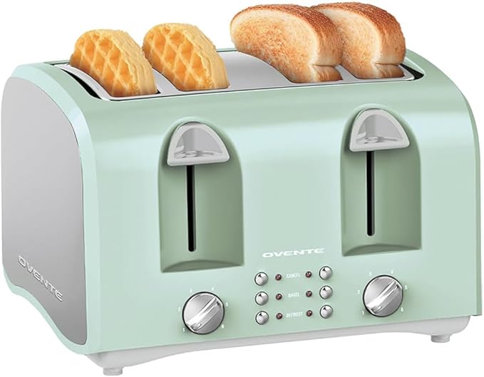OVENTE Electric 4-Slice Toaster Machine with 6-Shade Selector Setting, Cancel Button, Defrost Function, Crumb Tray, 1400W Power and Wide Slots for Bagels, Waffles and Puff Pastry, TS4410LBL