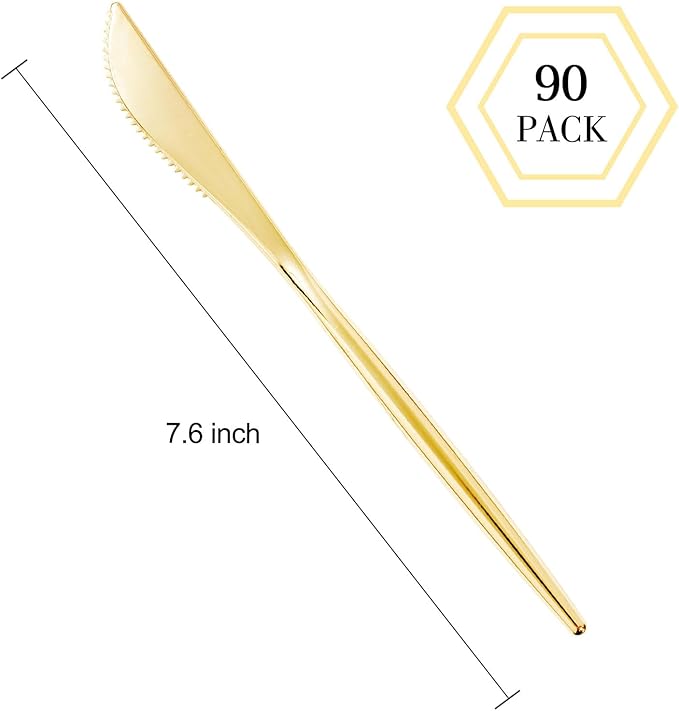 I00000 90 Pcs Gold Plastic Knives,Plastic Silverware, Gold Disposable Utensils, Heavy Duty Disposable Knives Dinnerware Perfect for Parties, Wedding & Dinners