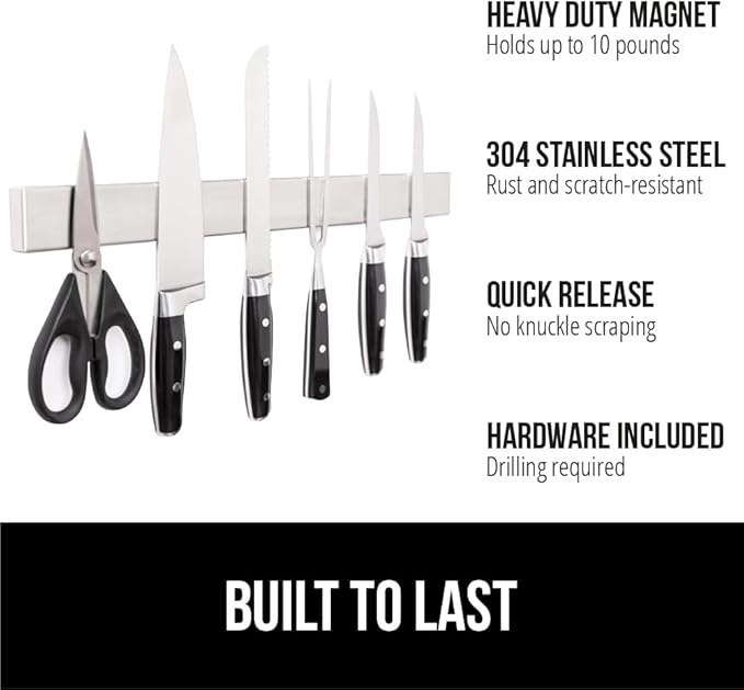 GORILLA GRIP Stainless Steel Magnetic Knife Holder for Wall, 16 Inch, Multi-Purpose Magnet Bar for Knives, Tools, Art Supplies, Heavy Duty Strip Holds Up to 6 lbs, Kitchen Organizer, Drilling Required