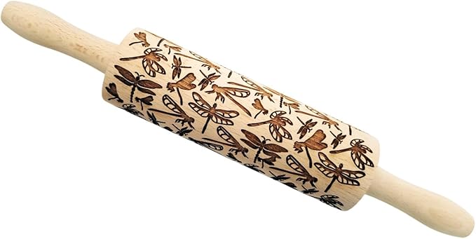 DRAGONFLY EMBOSSING ROLLING PIN WOODEN EMBOSSING ROLLING PIN with DRAGONFLY for EMBOSSED COOKIES GIFT for MOTHER FRIEND