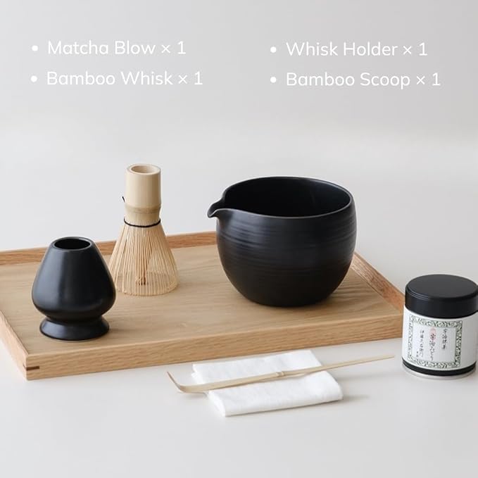 WENSHUO Matcha Whisk Set, Ceramic Matcha Bowl & Whisk Holder, Bamboo Accessory, Modern Design (Matte Black, Pouring Spout)
