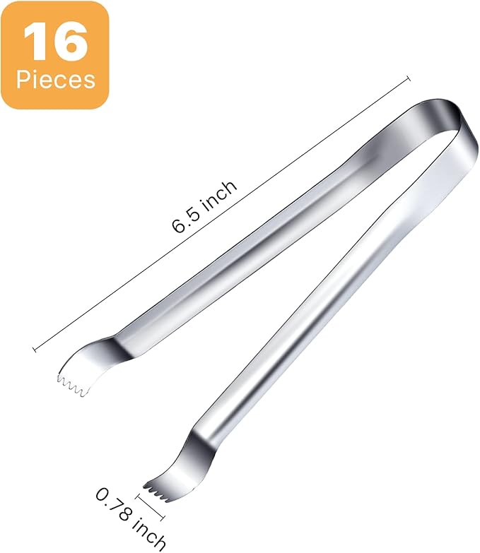 16 Pieces Ice Tongs, 6.5 Inch Ice Tongs for Ice Bucket, Stainless Steel Serving Tongs with Sharp Teeth Make Grabbing Ice Easy, Small Tongs for Serving Food