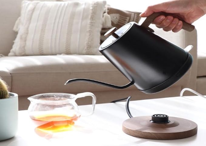 Modern Electric Gooseneck inner Stainless Steel Kettle, 1200W Quick Heating, One touch, Auto Shut off with Elegant Wood Grain design 800ML (Black)
