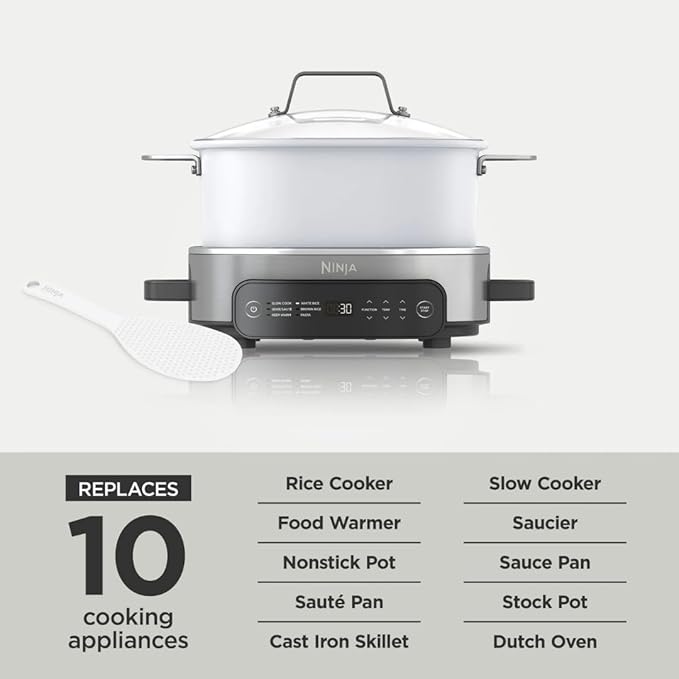 Multi-Cooker Ninja Foodi MC1100, Everyday Possible Cooker 6.5-Qt, 6-in-1 with Slow Cook, Slow Cooker, Sear/Sauté, Keep Warm, Rice and Pasta Functions, Compact Design, White, 6.5QT