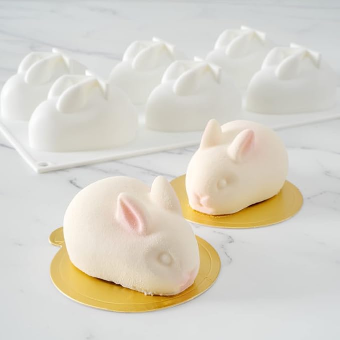 Pastry Tek 6 Cavities Chocolate Bunny Mold, 1 Oven-Ready Easter Candy Mold - Flexible, Freezable, White Silicone Bunny Pan, Easy Release, For Baking - Restaurantware