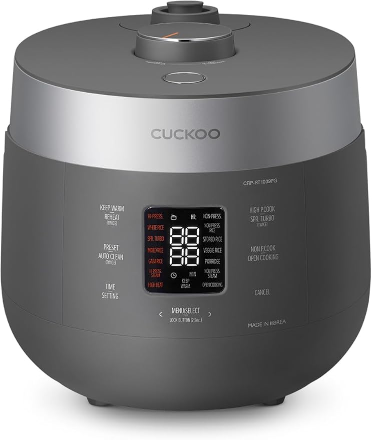 CUCKOO Twin Pressure Rice Cooker 10-Cup Uncooked / 20-Cup Cooked with Nonstick Inner Pot, Large Rice Maker & Warmer with 16 Menu Options, Open Cooking Mode, Voice Guide, Gray (CRP-ST1009FG)