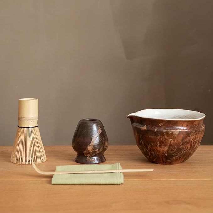 6-pcs Japanese Matcha Whisk Set with Handmade Wabi-Sabi Ceramic Bowl(Chawan),Bamboo Chasen, Whisk Holder, Scoop, Sifter & Tea Towel,Matcha Ceremony Kit,(Silent taupe)