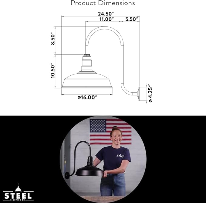 Steel Lighting Co. Gardena Barn Light | Outdoor Wall Mounted | 16" Dome | 11" Straight Arm | Farmhouse Light Made in America | Modern Gray Exterior/Brass Interior